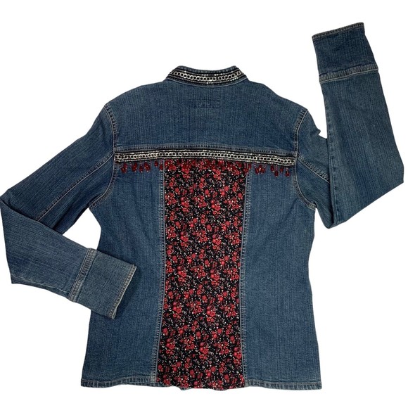 Denim Jacket Red & Black Floral w/Beaded Chain Trim Boho Banana Republic Large - Picture 8 of 14